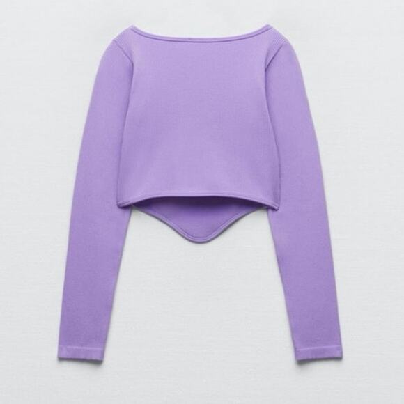 Zara Women's Purple Lavender Rib Knit Long Sleeve Pullover Crop Shirt Top M/L - Picture 10 of 11